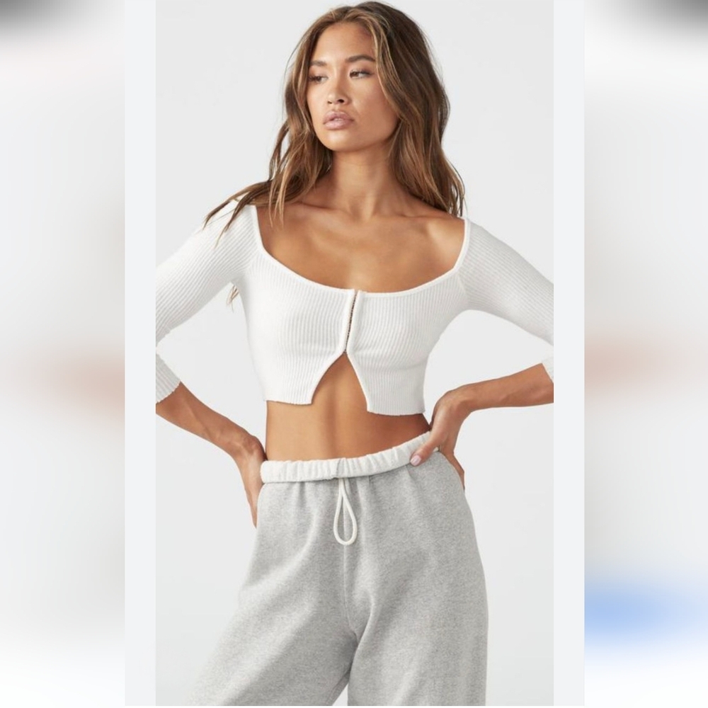 Joah Brown Luxe Hook & Eye Knit Off Shoulder Crop Top, In Ivory | Sz O/S - Picture 8 of 14